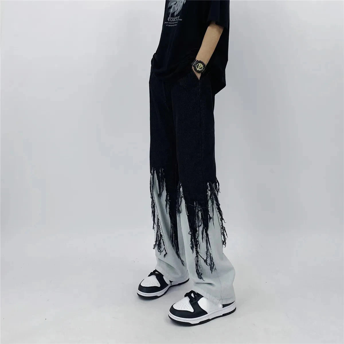 Men Jeans High Street Hip Hop Contrast Color Tassel Loose Fashion Japanese Streetwear Hippie Loose Casual Darkwear Patchwork