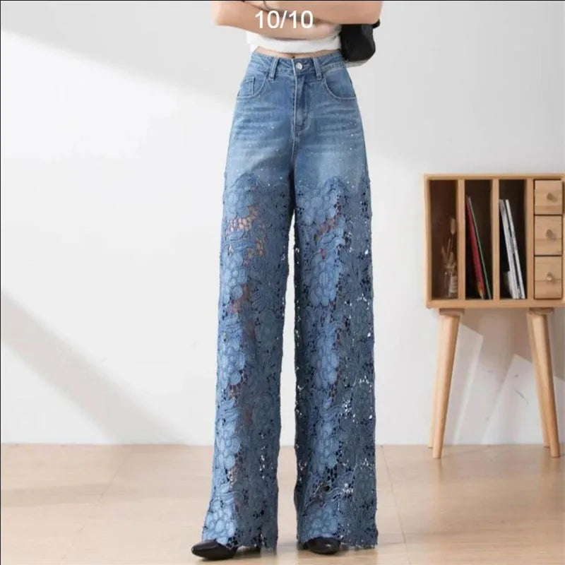 Fashion Women's Jeans 2023 New Spring Summer High-Waist Openwork Lace Stitching Denim Wide-Leg Pants Female Straight Trousers