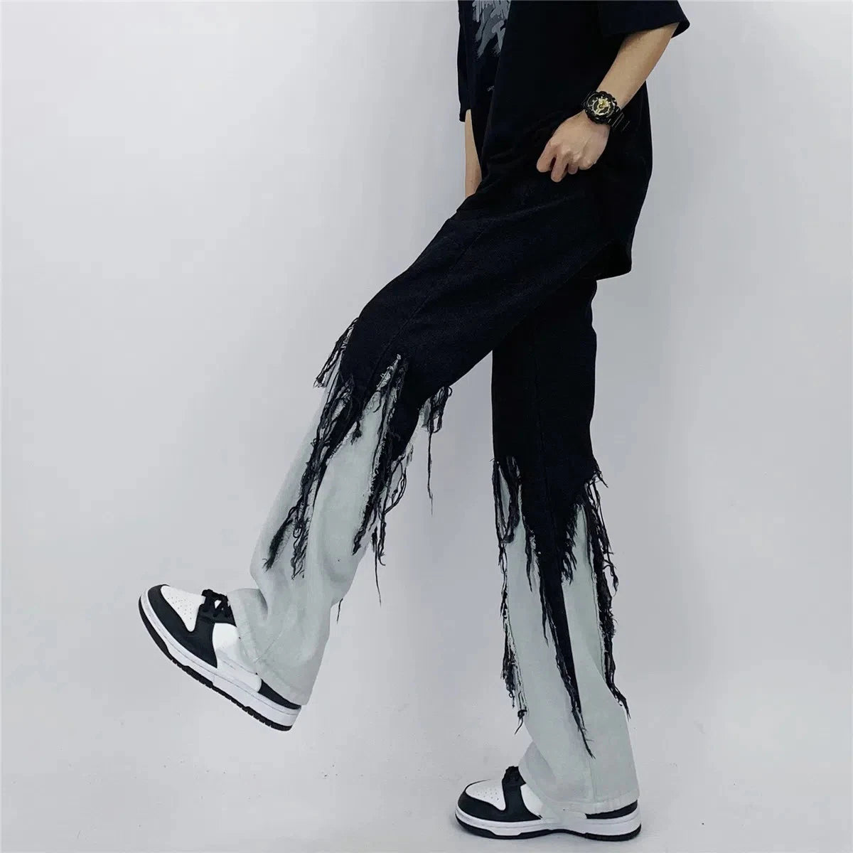 Men Jeans High Street Hip Hop Contrast Color Tassel Loose Fashion Japanese Streetwear Hippie Loose Casual Darkwear Patchwork