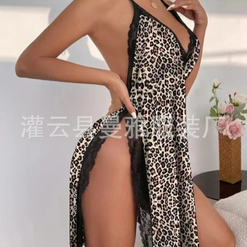 Lace Deep V Nightgown Leopard Print