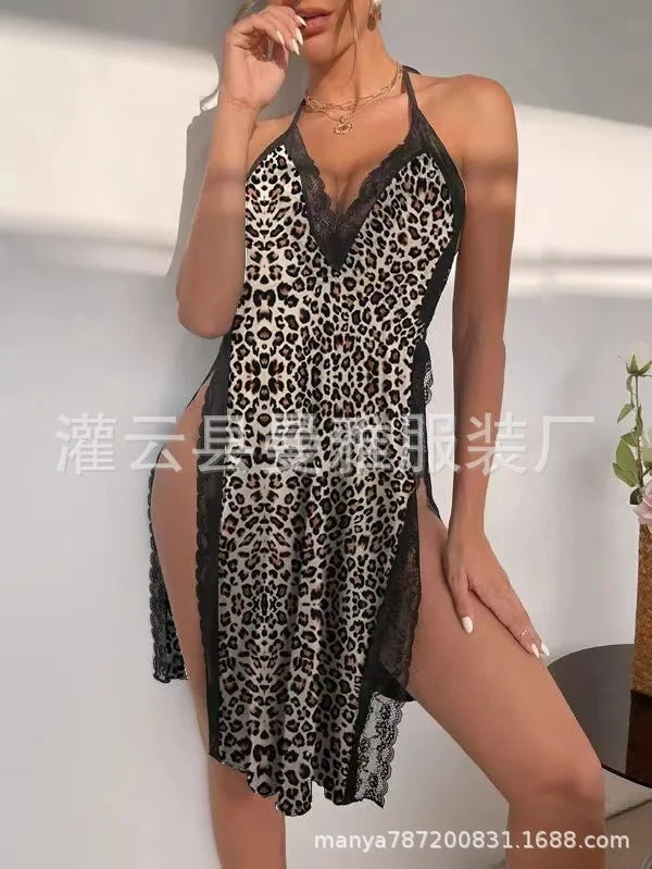 Lace Deep V Nightgown Leopard Print