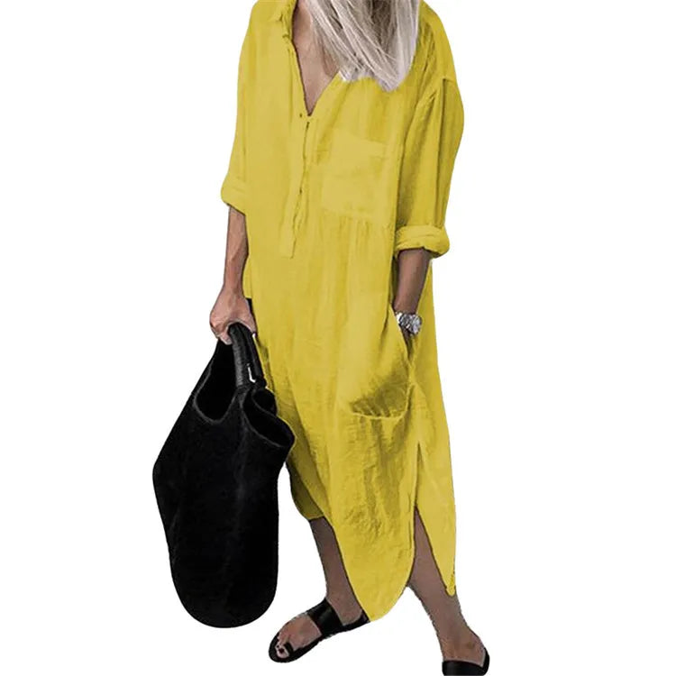 Plus Size Summer Women's Solid Color Split Dress Elegant Casual Button Pocket V-Neck Long Sleeve Lined Long Lined Dress 2023