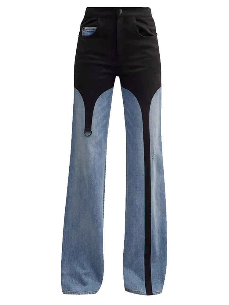 DEAT Fashion Women's Denim Pant High Waist Black And Blue Contrast Stitching Floor-length Wide-leg Jeans Autumn 2024 New 7AB763