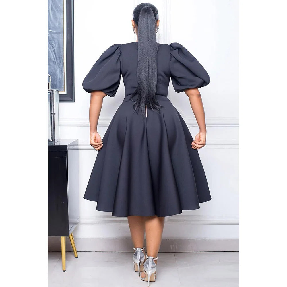 Plus Size Black Casual Women's Dress O Neck Puff Sleeve A Line Round Neck Slim Fit Midi Formal Dress