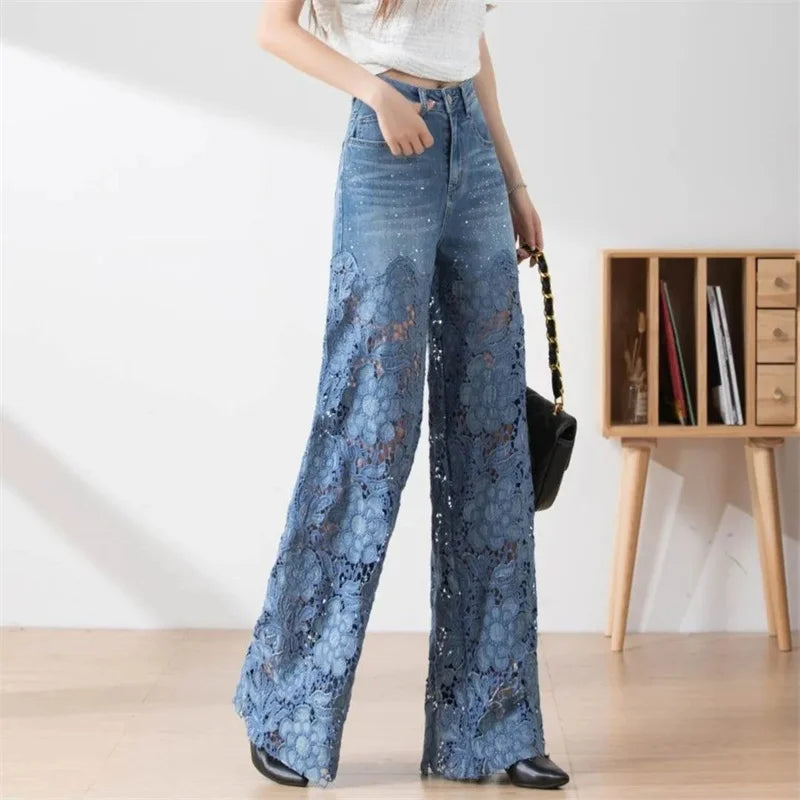 Fashion Women's Jeans 2023 New Spring Summer High-Waist Openwork Lace Stitching Denim Wide-Leg Pants Female Straight Trousers