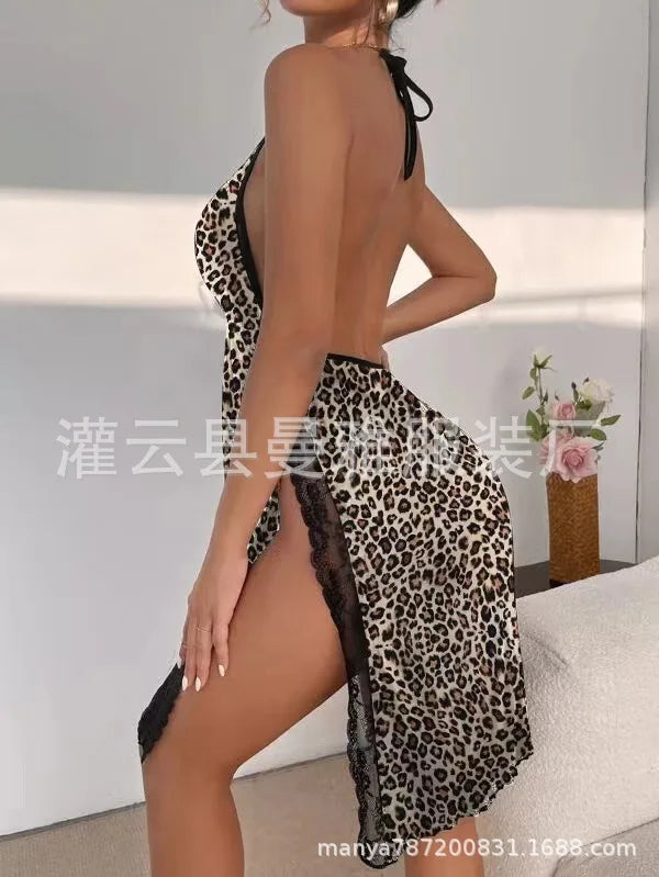 Lace Deep V Nightgown Leopard Print