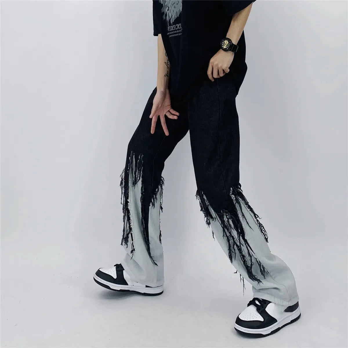 Men Jeans High Street Hip Hop Contrast Color Tassel Loose Fashion Japanese Streetwear Hippie Loose Casual Darkwear Patchwork