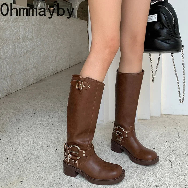 New Autumn Winter Knee High Boots Women Fashion Ladies Belt Buckle Knight Long Boots Women's Biker Booties