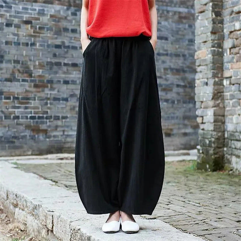 Plus size Autunm Casual Cotton Linen Pants Women 2024 Spring Summer Elastic Waist Basic Retro Loose Women' Harem Pants Trousers