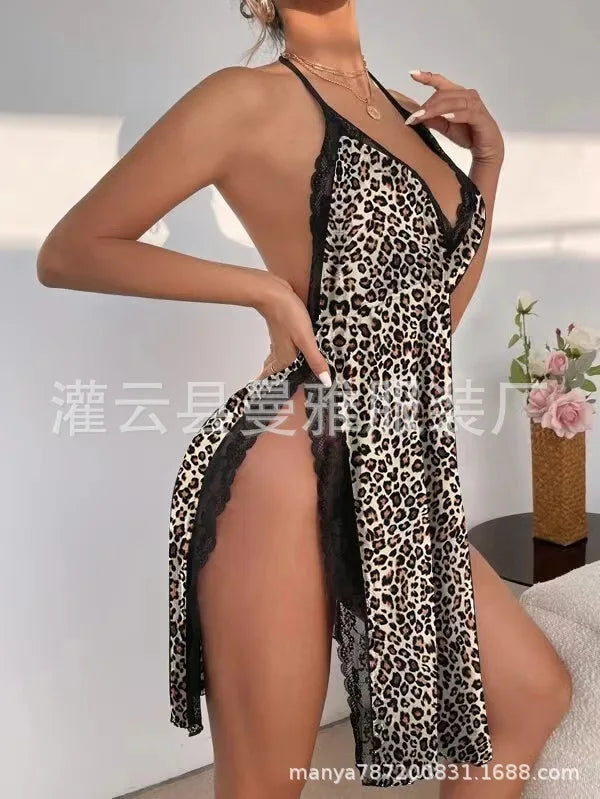 Lace Deep V Nightgown Leopard Print