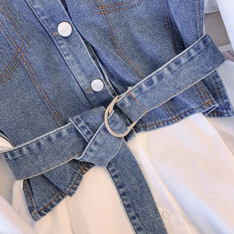 Spring Autumn Casual Denim Patchwork Shirt Women's Clothing Commute Turn-down Collar Stylish Sashes Basic Single-breasted Blouse