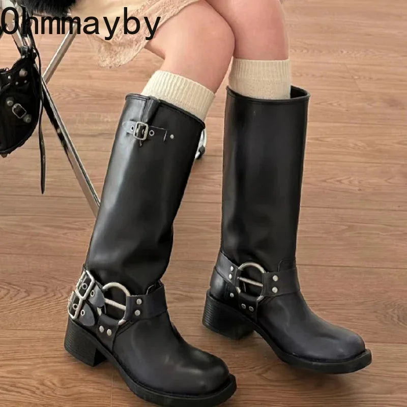 New Autumn Winter Knee High Boots Women Fashion Ladies Belt Buckle Knight Long Boots Women's Biker Booties