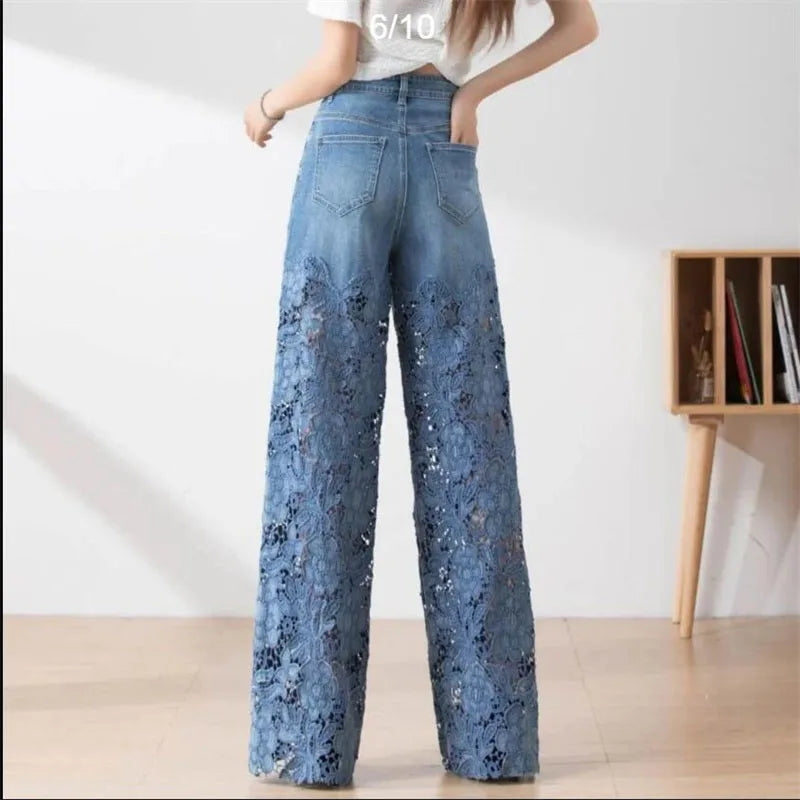 Fashion Women's Jeans 2023 New Spring Summer High-Waist Openwork Lace Stitching Denim Wide-Leg Pants Female Straight Trousers