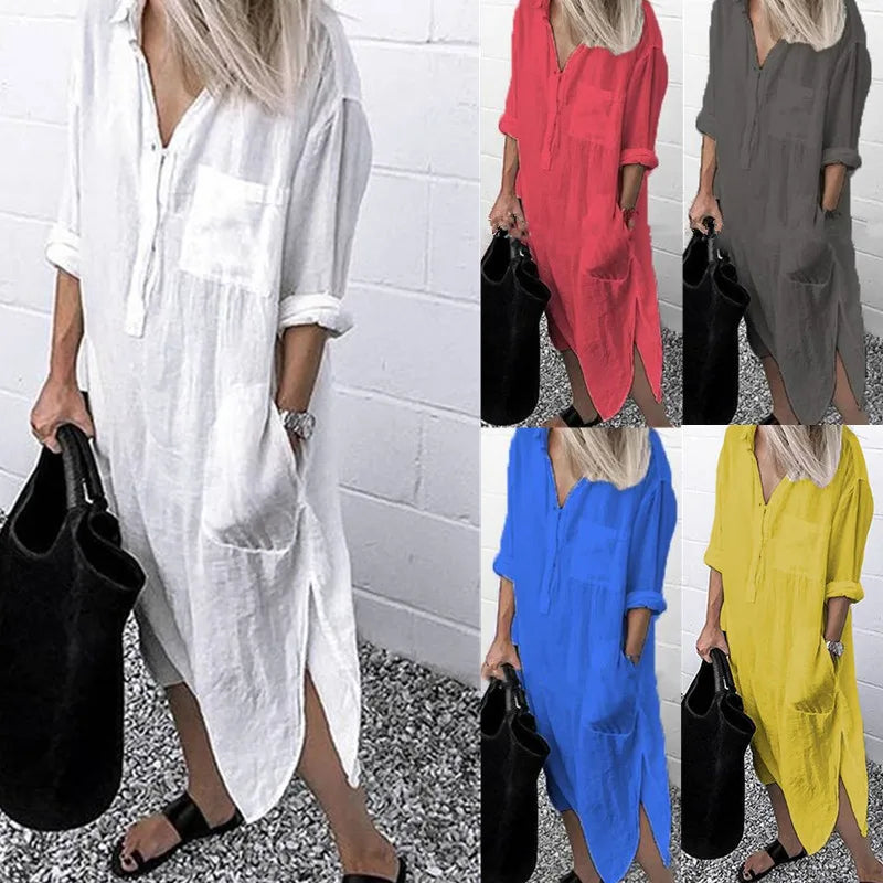 Plus Size Summer Women's Solid Color Split Dress Elegant Casual Button Pocket V-Neck Long Sleeve Lined Long Lined Dress 2023