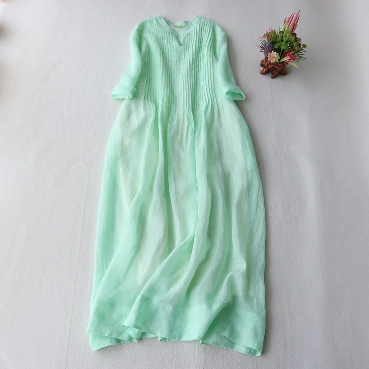 Summer New Ladies Cotton Linen Dress Fashion Women's Thin Ramie Elegant Organ Pleated Loose Flowy Short Sleeve Dress