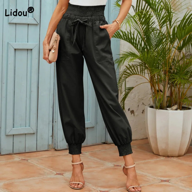 Casual Spring Summer Women's Clothing Pockets Solid Pants Drawstring Loose-fitting Cotton Linen High Waisted Pencil Trousers