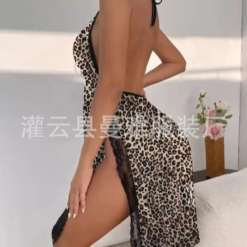 Lace Deep V Nightgown Leopard Print