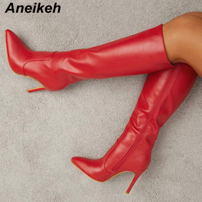 Aneikeh Women's Fashion Elegant Pointed Thin Heel Knee High Long Boots2024 Spring/Autumn PU Panel Side Zipper Boots Western35-42