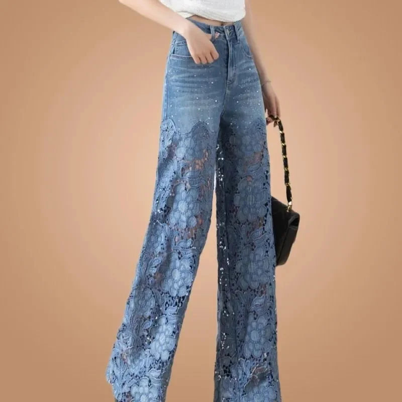 Fashion Women's Jeans 2023 New Spring Summer High-Waist Openwork Lace Stitching Denim Wide-Leg Pants Female Straight Trousers