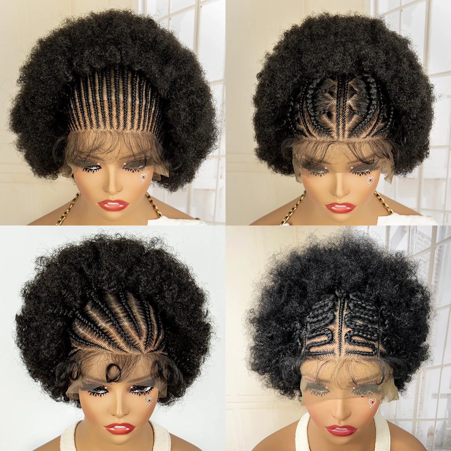 New Synthetic 13x6 Lace Frontal Braided Wig Kinky Curly Hair Wigs Curly Bob Wig with Buns for Afro Balck Women with Baby Hair