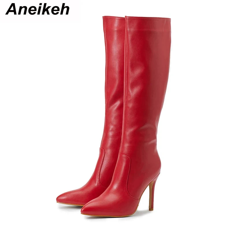 Aneikeh Women's Fashion Elegant Pointed Thin Heel Knee High Long Boots2024 Spring/Autumn PU Panel Side Zipper Boots Western35-42