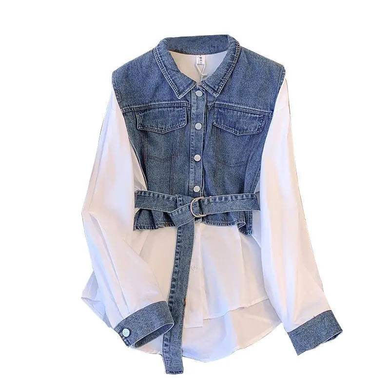 Spring Autumn Casual Denim Patchwork Shirt Women's Clothing Commute Turn-down Collar Stylish Sashes Basic Single-breasted Blouse