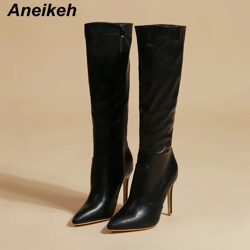 Aneikeh Women's Fashion Elegant Pointed Thin Heel Knee High Long Boots2024 Spring/Autumn PU Panel Side Zipper Boots Western35-42