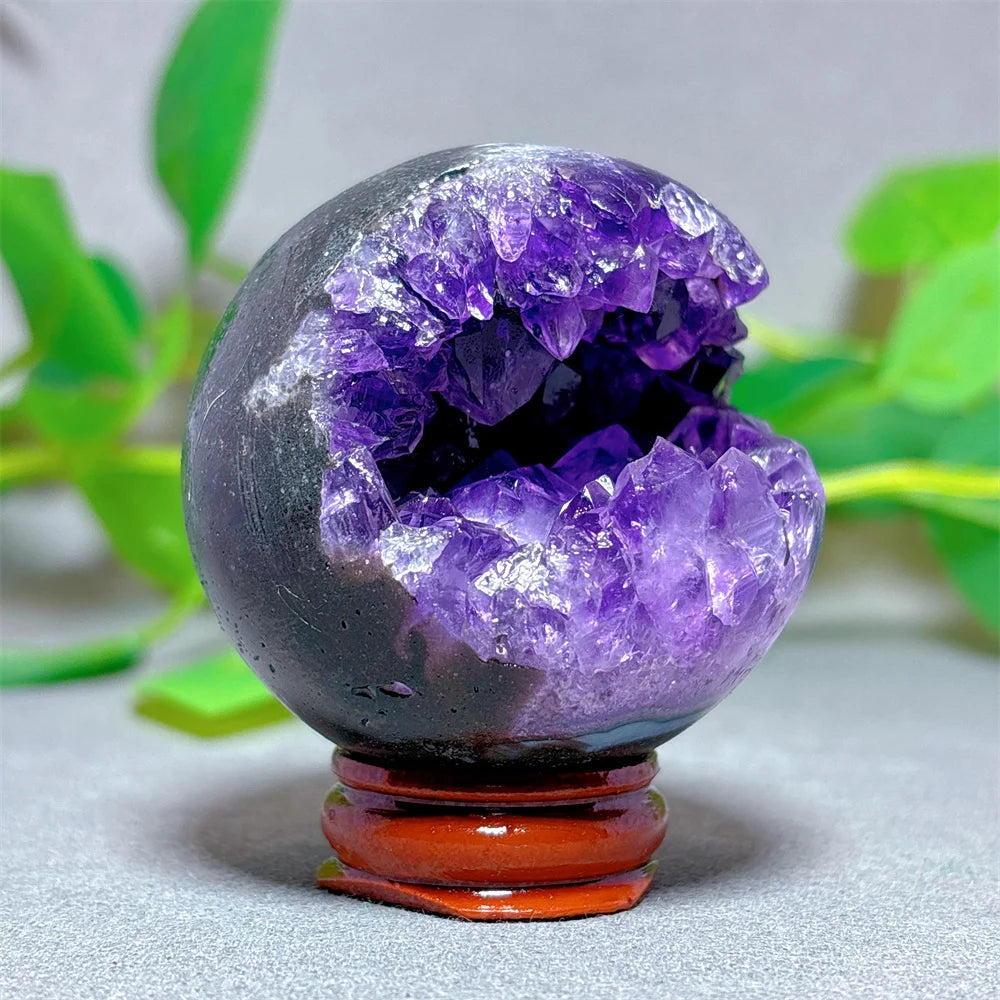 Open Face Amethyst Cluster Sphere Crystal Natural Quartz Stone Home Decoration Minerals Gifts Energy Healing +Stand  Crystals