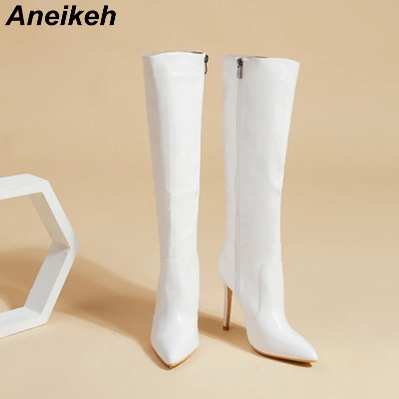 Aneikeh Women's Fashion Elegant Pointed Thin Heel Knee High Long Boots2024 Spring/Autumn PU Panel Side Zipper Boots Western35-42