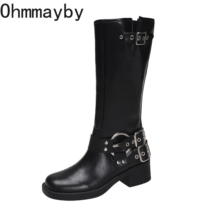 New Autumn Winter Knee High Boots Women Fashion Ladies Belt Buckle Knight Long Boots Women's Biker Booties