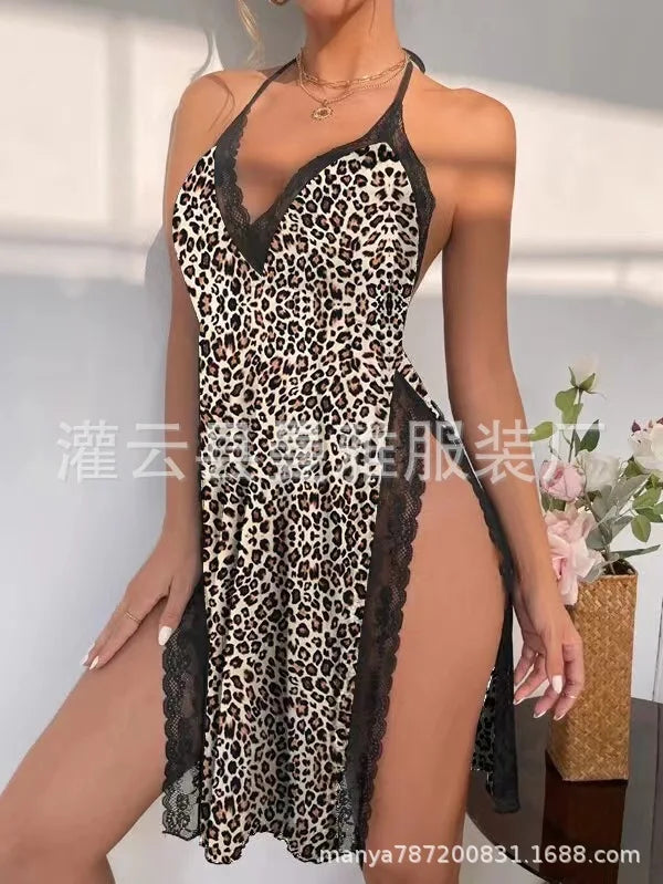 Lace Deep V Nightgown Leopard Print