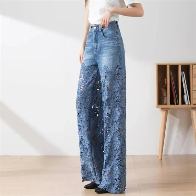 Fashion Women's Jeans 2023 New Spring Summer High-Waist Openwork Lace Stitching Denim Wide-Leg Pants Female Straight Trousers