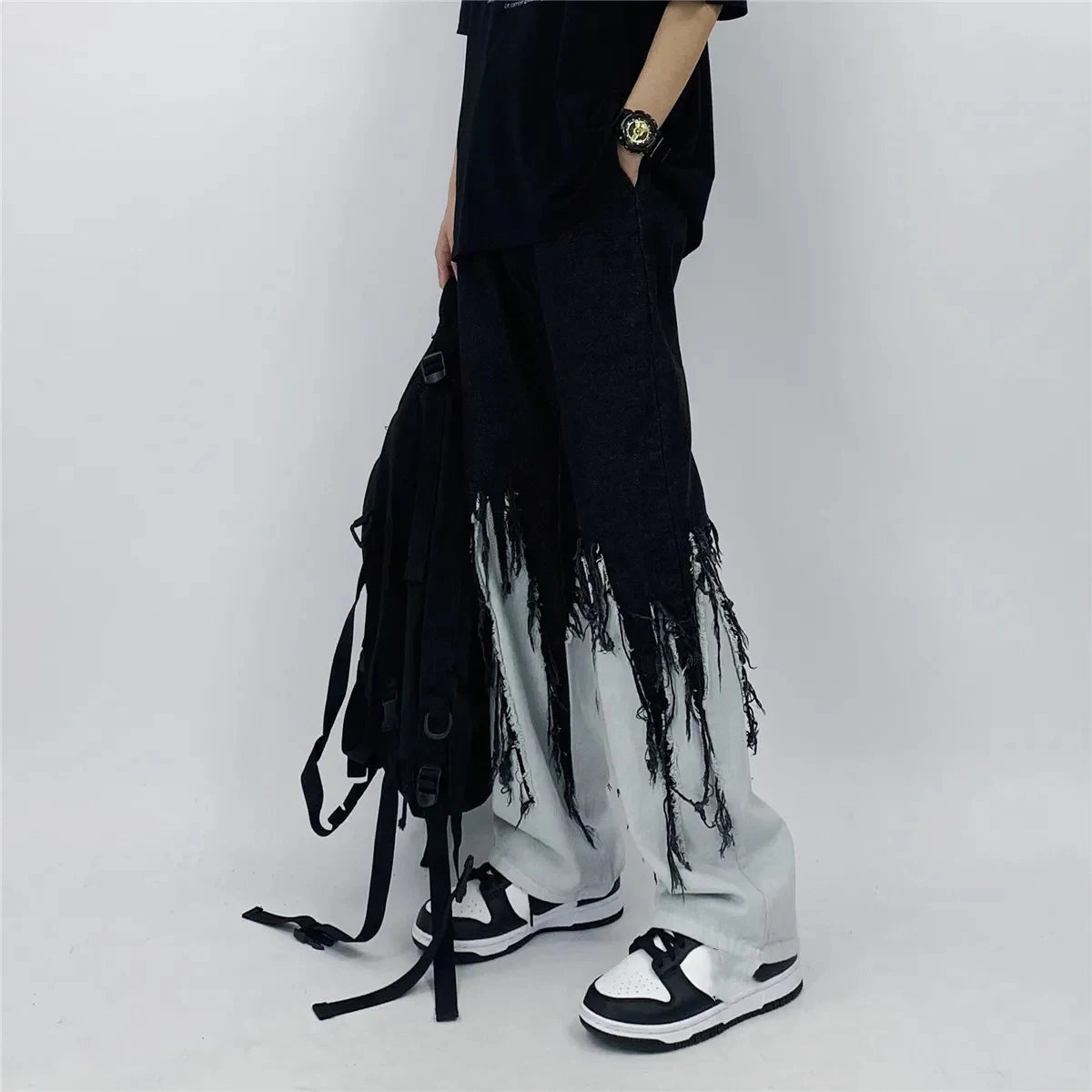 Men Jeans High Street Hip Hop Contrast Color Tassel Loose Fashion Japanese Streetwear Hippie Loose Casual Darkwear Patchwork