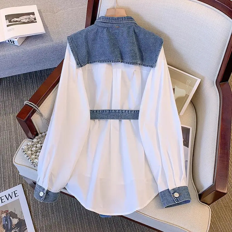 Spring Autumn Casual Denim Patchwork Shirt Women's Clothing Commute Turn-down Collar Stylish Sashes Basic Single-breasted Blouse