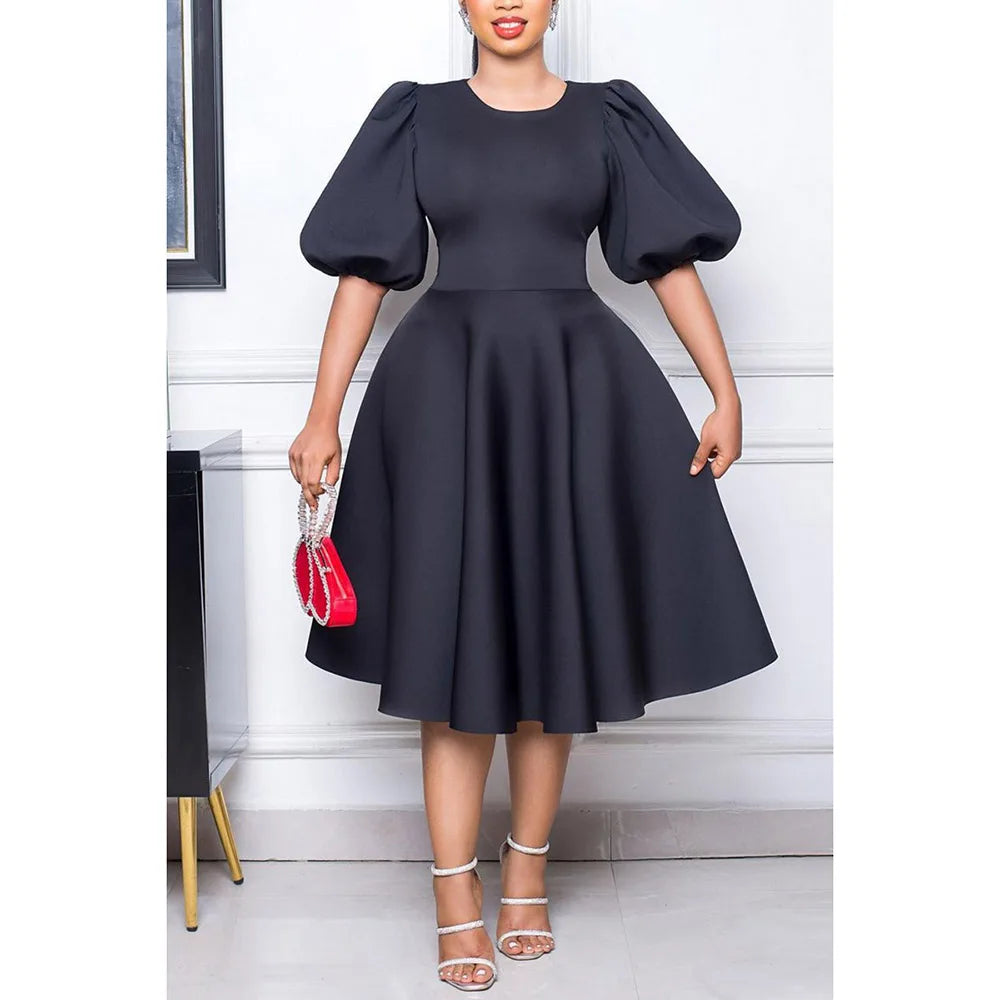 Plus Size Black Casual Women's Dress O Neck Puff Sleeve A Line Round Neck Slim Fit Midi Formal Dress