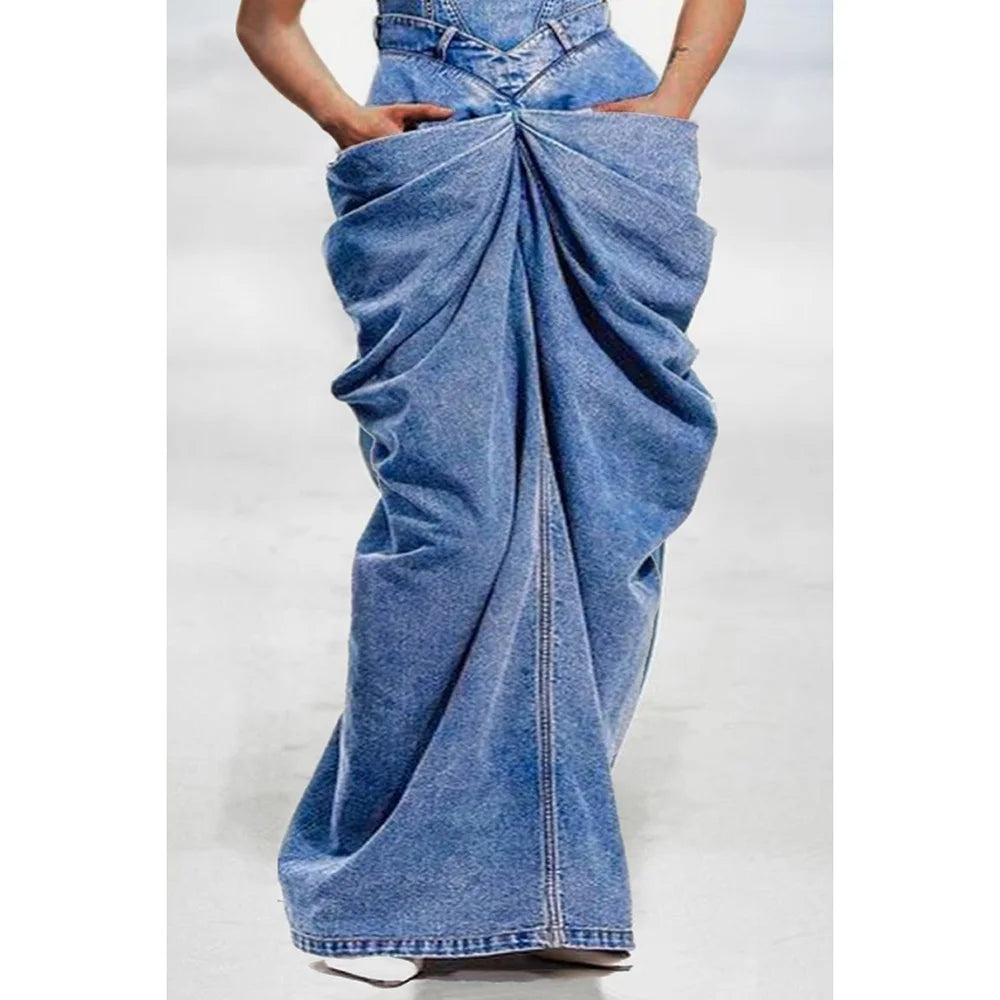 Plus Size Fashion Women's Dress Blue Bow Overalls Four Seasons Folding Denim Long Skirt