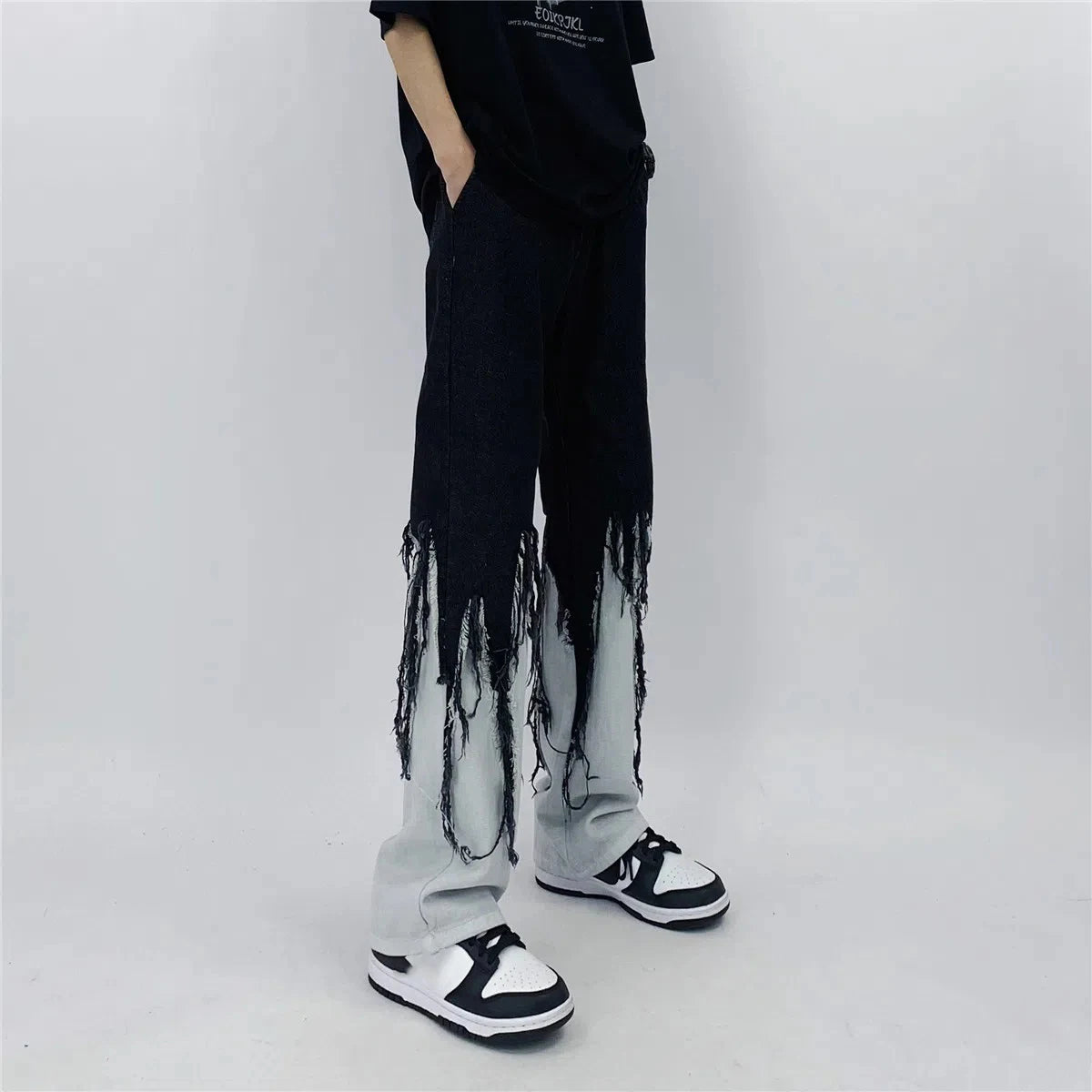 Men Jeans High Street Hip Hop Contrast Color Tassel Loose Fashion Japanese Streetwear Hippie Loose Casual Darkwear Patchwork