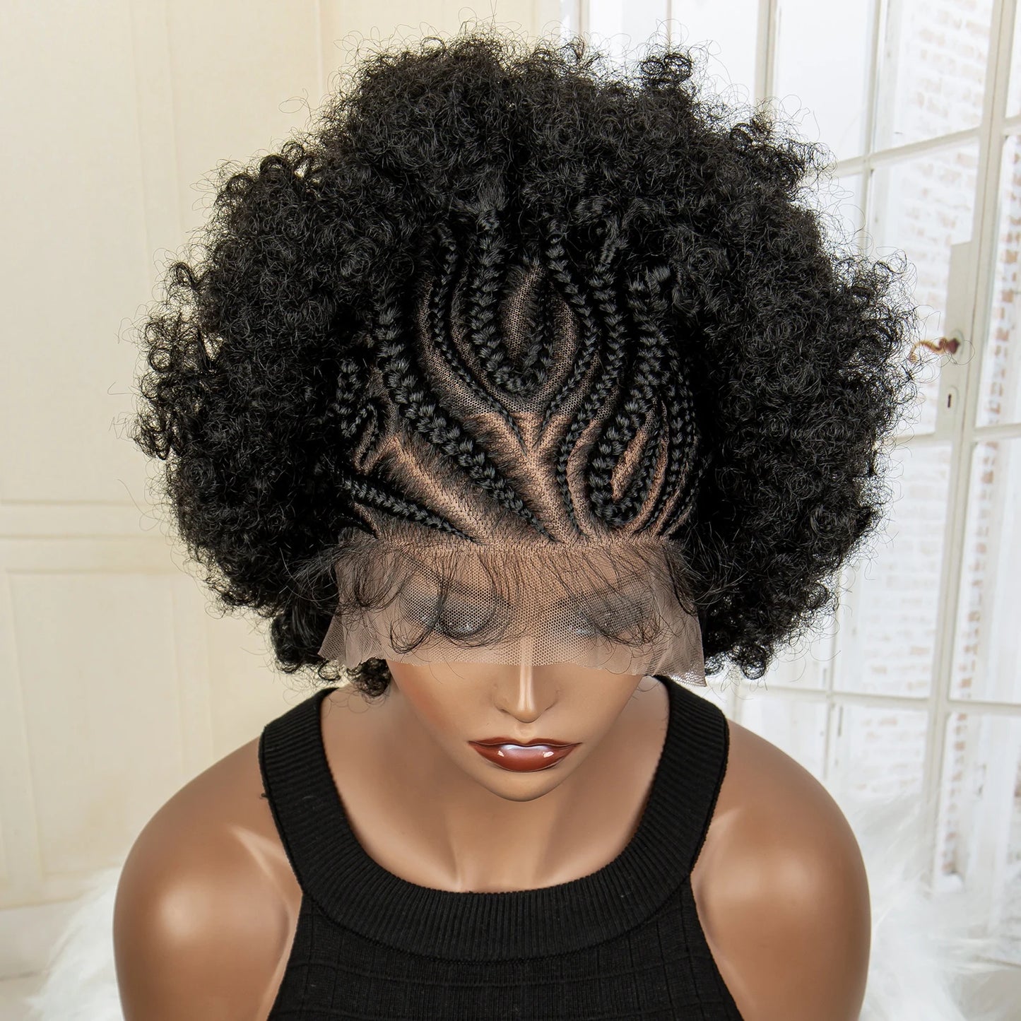 New Synthetic 13x6 Lace Frontal Braided Wig Kinky Curly Hair Wigs Curly Bob Wig with Buns for Afro Balck Women with Baby Hair