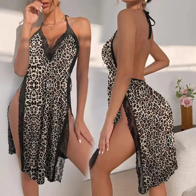 Lace Deep V Nightgown Leopard Print