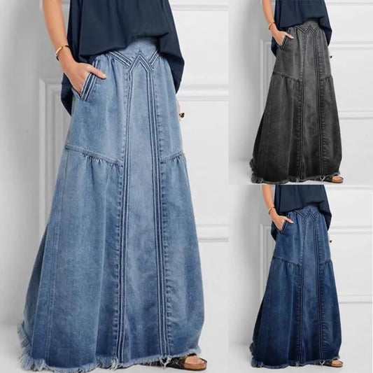 Oversize Fashion Street Skirt 2023 Summer A Line Denim Skirt Women Autumn Sun Skirt Casual Solid High Waist Women's Long Skirt