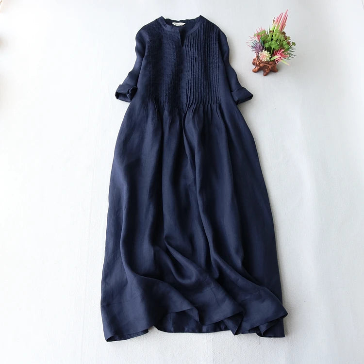 Summer New Ladies Cotton Linen Dress Fashion Women's Thin Ramie Elegant Organ Pleated Loose Flowy Short Sleeve Dress