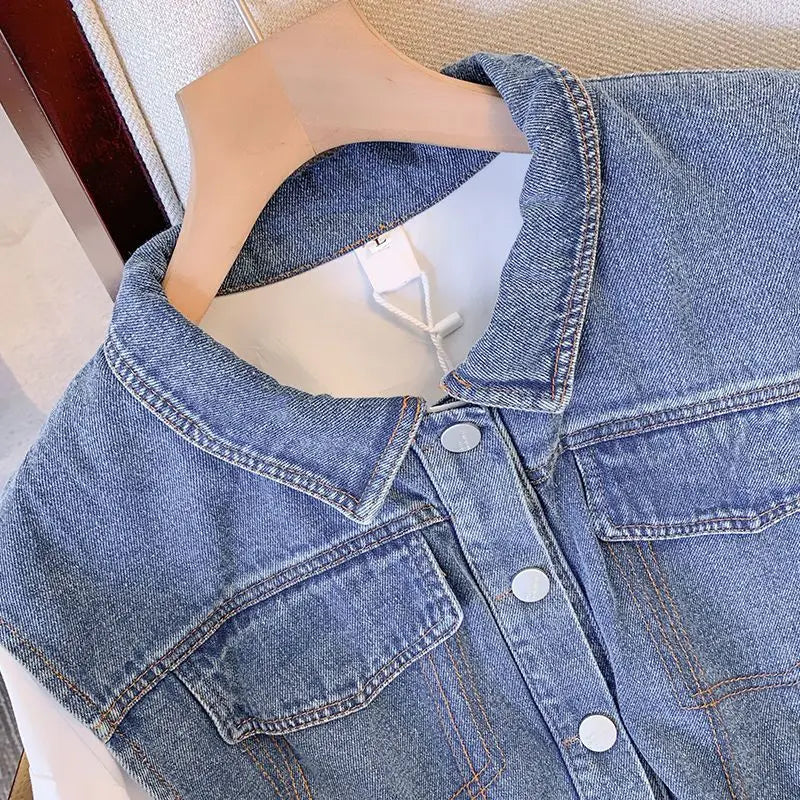 Spring Autumn Casual Denim Patchwork Shirt Women's Clothing Commute Turn-down Collar Stylish Sashes Basic Single-breasted Blouse