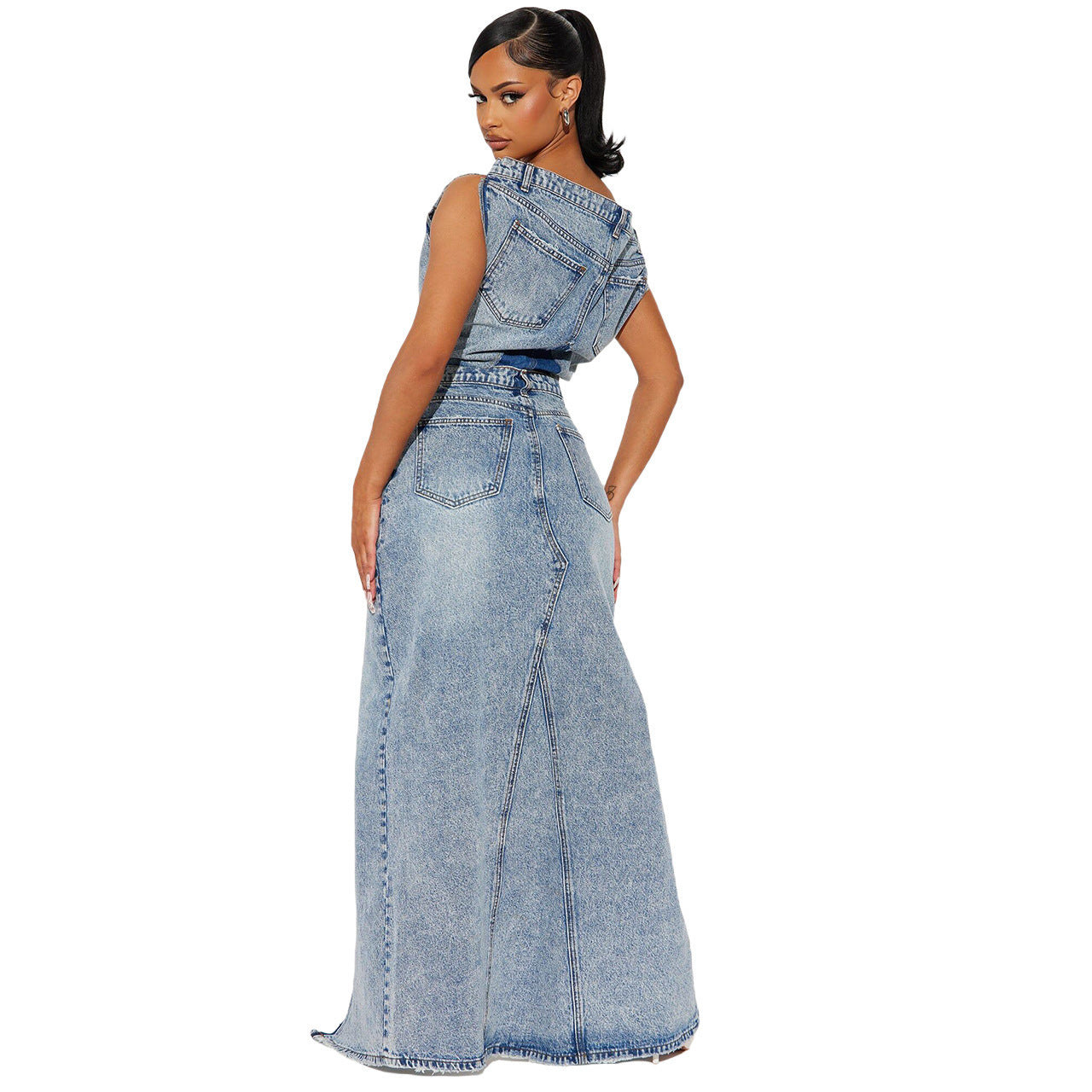 Women's Fashion Retro Denim Casual Denim Skirt Suit