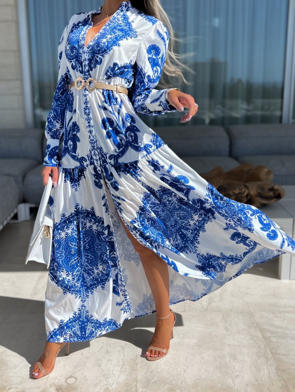 Fashion Print V-Neck Long Sleeve Jumpsuit