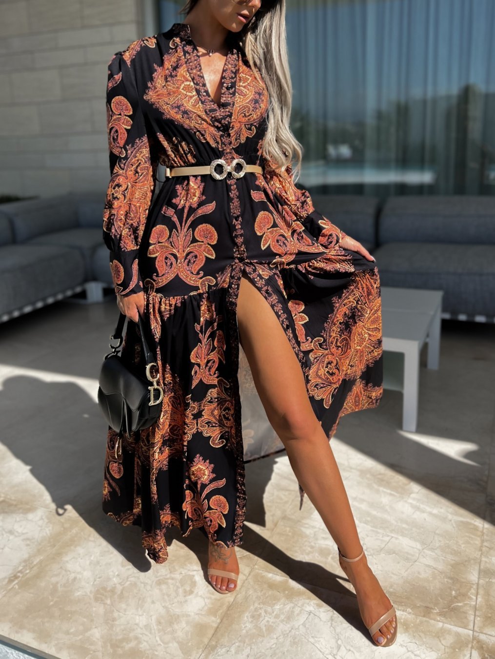 Fashion Print V-Neck Long Sleeve Jumpsuit