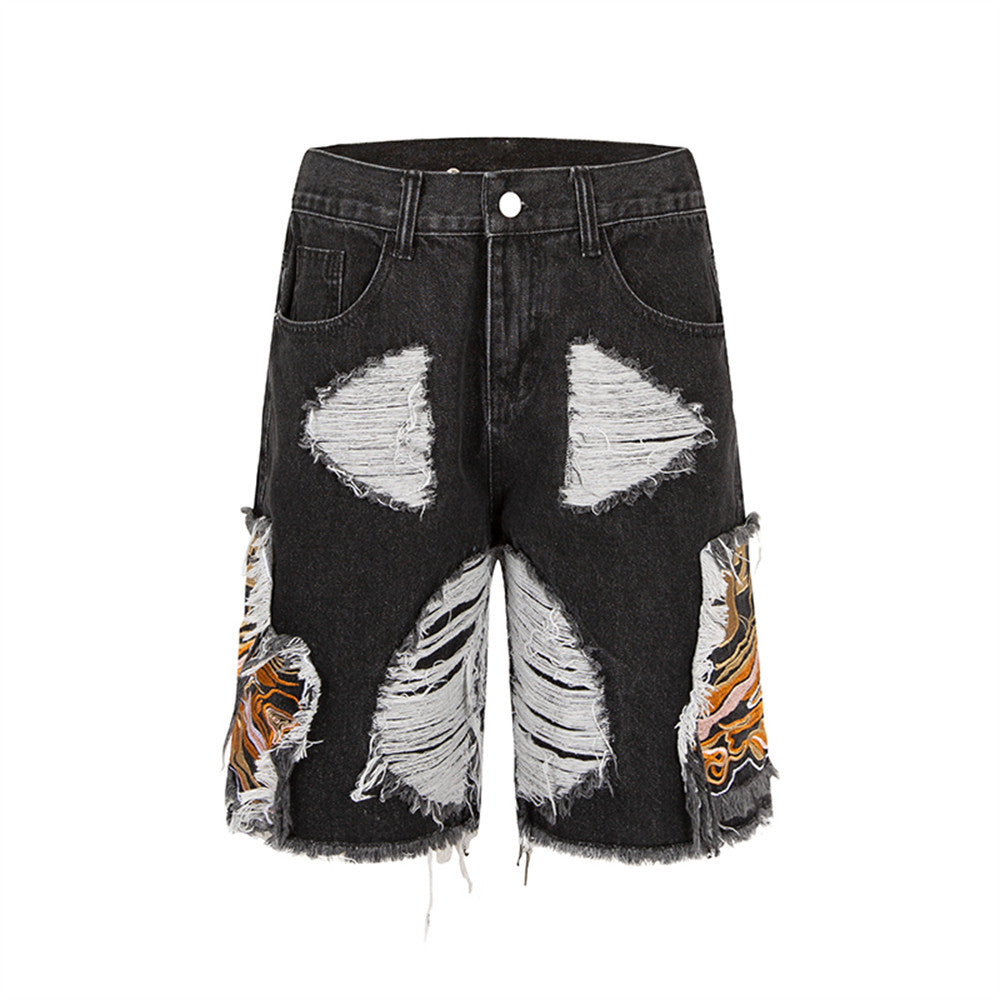 Mens Heavy-duty Ripped Embroidered Denim Shorts