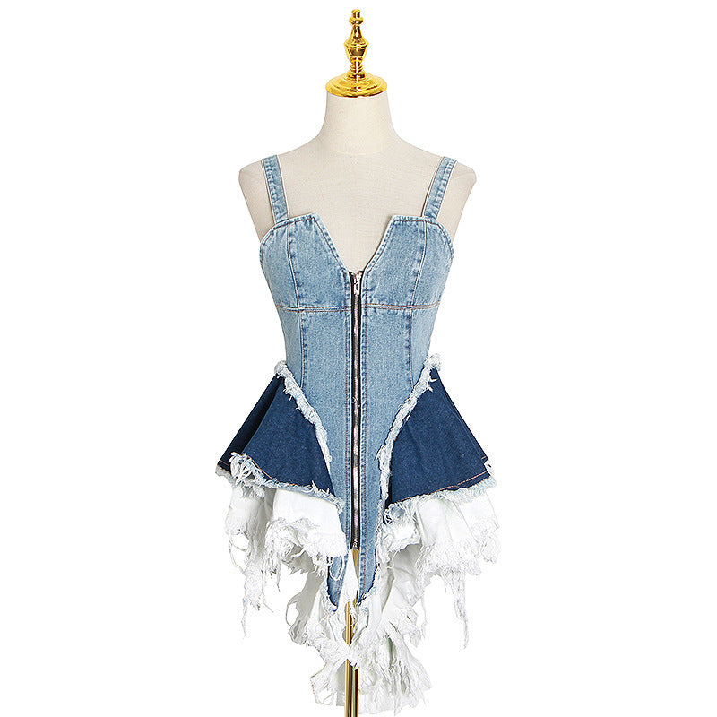 Women's Fashion Quilted Denim Shoulder Strap Top