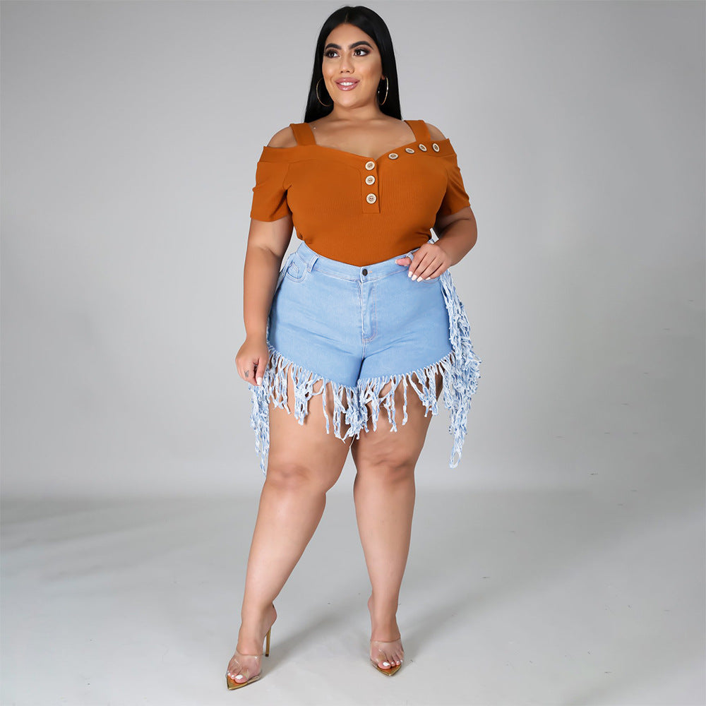 Ripped Fringed Brushed Denim Shorts Plus Size Women'S Casual Straight-Leg Pants