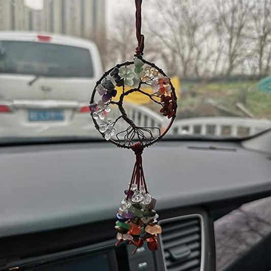 Natural Colorful Gravel Round Tree Of Life Car Hanging