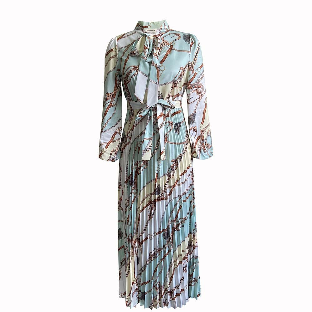 New Long Sleeve Printed Pleated Tie Oversized Dress